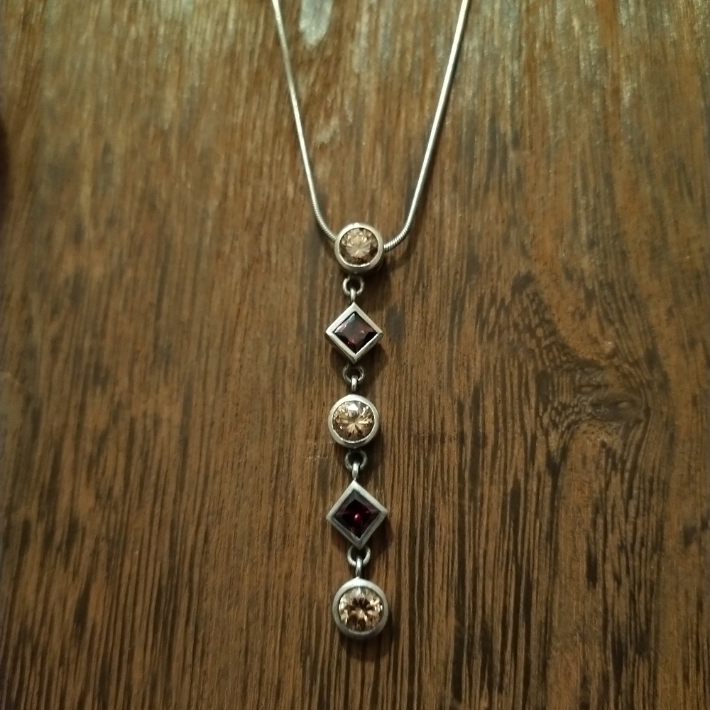 Genuine Sterling Silver and Citrine & Garnet Gemstone "Y" Necklace